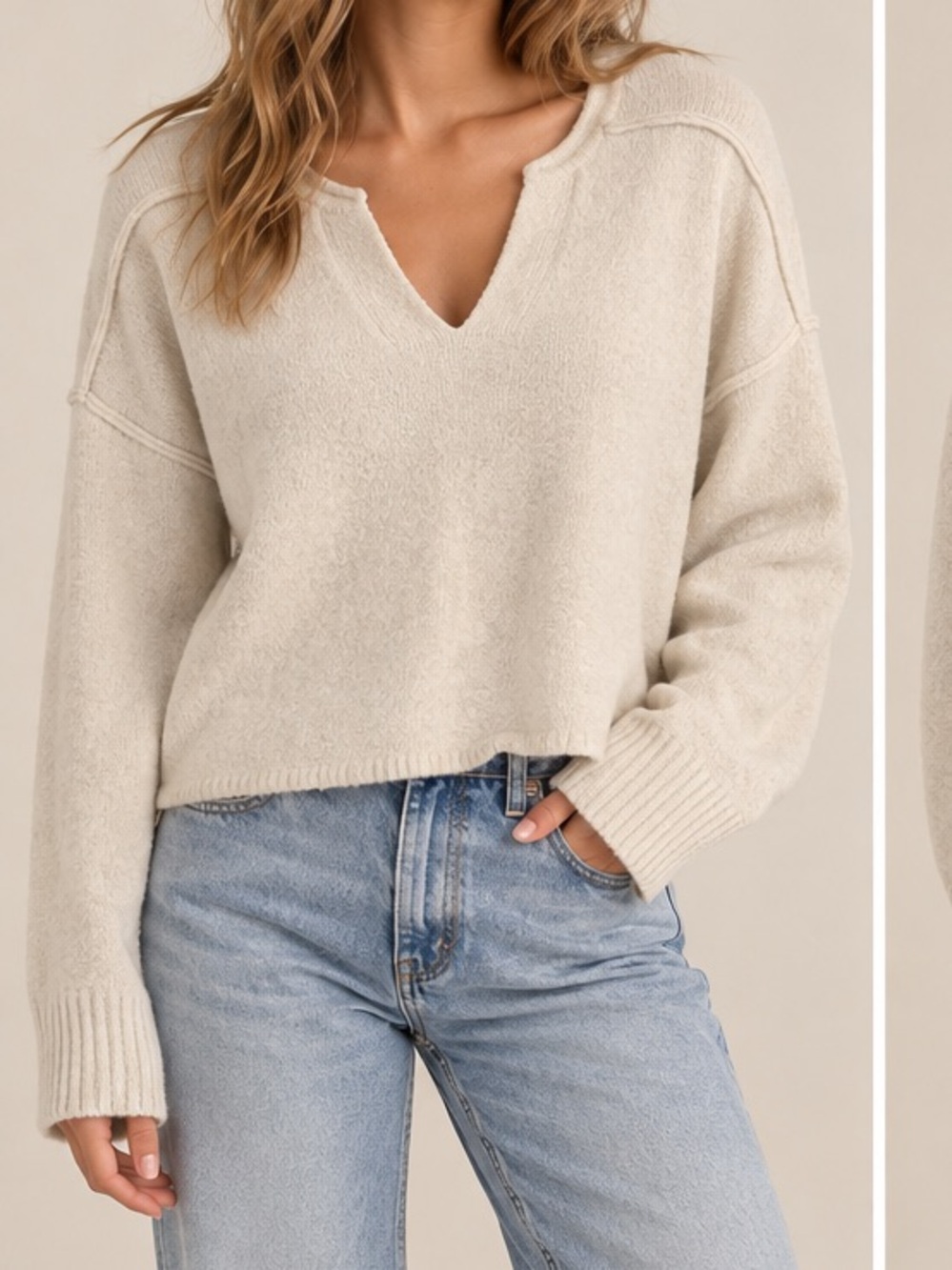Hollister Comfy Cloud Boxy Notch Neck Sweater Oatmeal XS